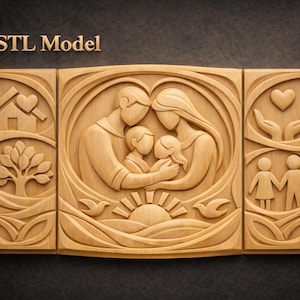 May include: A wooden relief sculpture depicting a family, house, tree, and heart. The central panel shows a family embracing within a heart-shaped frame. The text "STL Model" is at the top. The sculpture is made of light-colored wood.