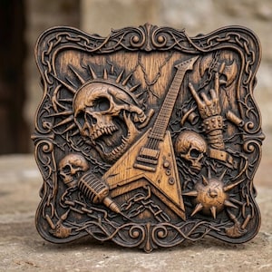 May include: A carved wooden plaque featuring a rock and roll theme. The design includes a skull, electric guitar, microphone, and a hand making the 'rock on' gesture. The plaque is framed with an ornate border and chains.