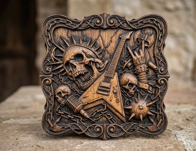 May include: A carved wooden plaque featuring a rock and roll theme. The design includes a skull, electric guitar, microphone, and a hand making the 'rock on' gesture. The plaque is framed with an ornate border and chains.