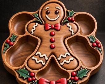 May include: A wooden serving tray featuring a central gingerbread man figure with red buttons, a red bow tie, and white icing details. The tray includes multiple compartments decorated with green holly leaves and red berries, plus a large red bow at the base. The text STL Model is visible at the top.