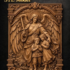 May include: A detailed wooden relief sculpture featuring an angel with outstretched wings, holding a sword, and protecting two children. The relief is carved with intricate details and the text "STL Model" is displayed at the top.