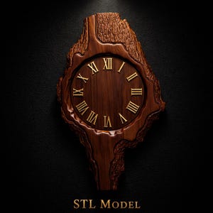 Puede incluir: Un reloj de madera con números romanos, tallado en forma de tronco de árbol. La esfera del reloj es de un marrón más oscuro que el marco exterior. El texto "STL MODEL" está en la parte inferior de la imagen.