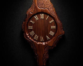 May include: A wooden clock with Roman numerals, carved in a tree-trunk shape. The clock face is a darker brown than the outer frame. The text "STL MODEL" is at the bottom of the image.