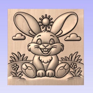 May include: A carved wooden panel featuring a smiling cartoon bunny with large ears, sitting in a grassy field with flowers, clouds, and a sun. The design is in a relief style, with detailed carving.