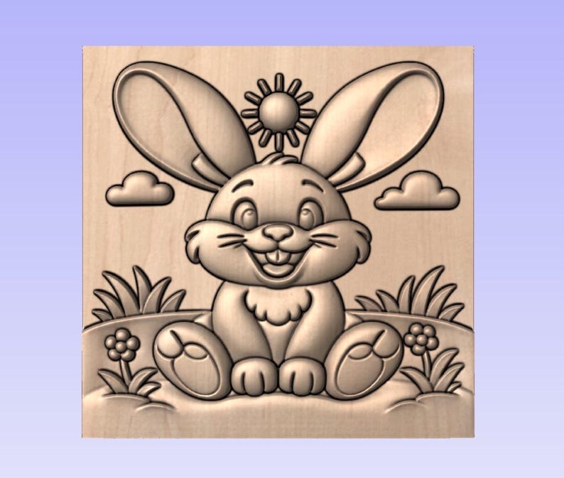 May include: A carved wooden panel featuring a smiling cartoon bunny with large ears, sitting in a grassy field with flowers, clouds, and a sun. The design is in a relief style, with detailed carving.
