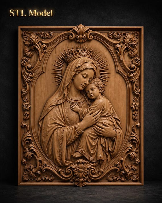 Virgin Mary and Child STL | CNC Wood Relief | 3D Print Wall Decor File