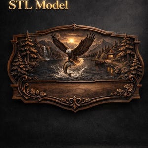 K&ouml;nnte beinhalten: Holztafel mit einer geschnitzten Landschaftsszene mit einem Adler, der einen Fisch f&auml;ngt, Bergen und einer H&uuml;tte. Der Text "STL Model" steht oben. Die Tafel hat einen dekorativen Rahmen.