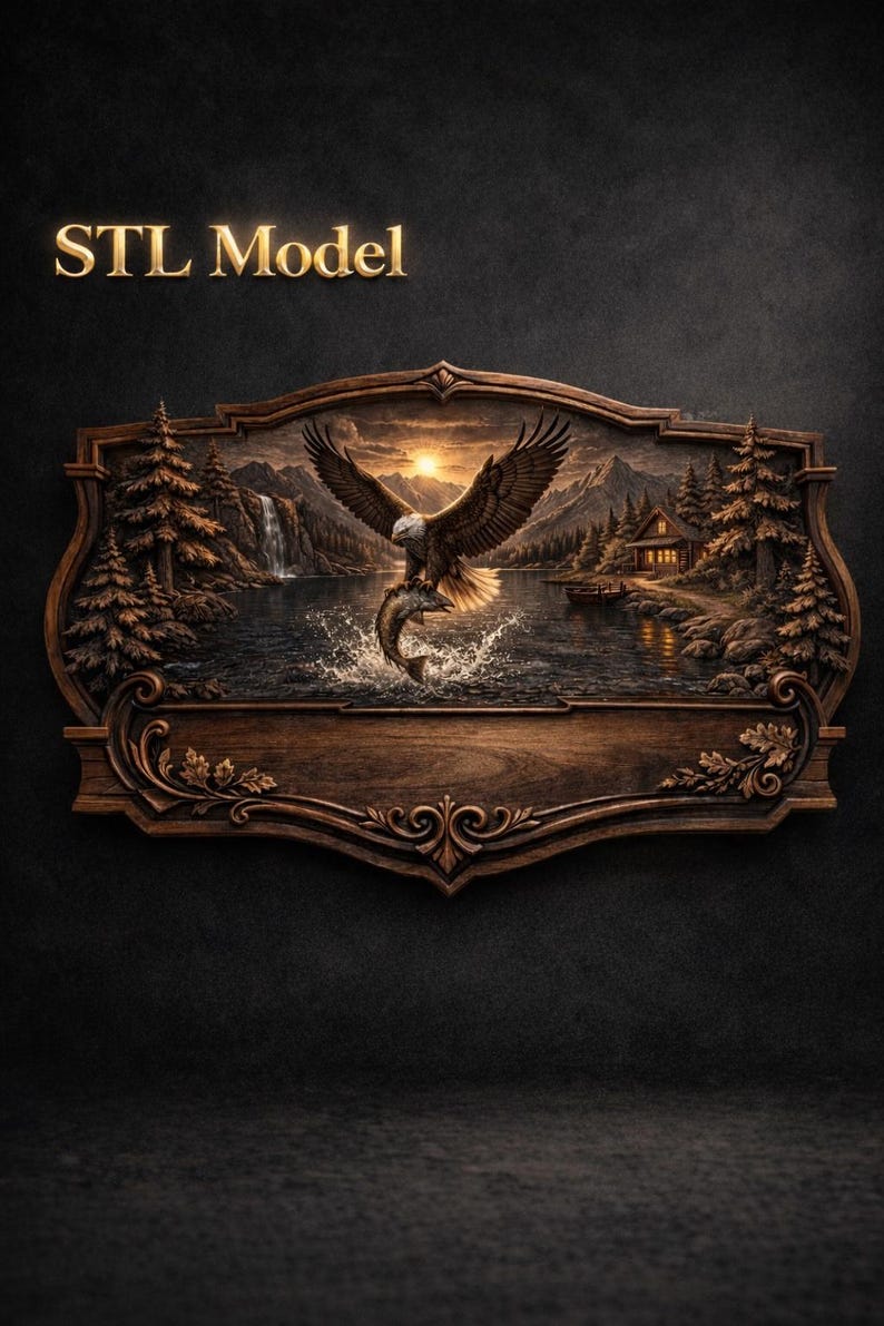 K&ouml;nnte beinhalten: Holztafel mit einer geschnitzten Landschaftsszene mit einem Adler, der einen Fisch f&auml;ngt, Bergen und einer H&uuml;tte. Der Text "STL Model" steht oben. Die Tafel hat einen dekorativen Rahmen.
