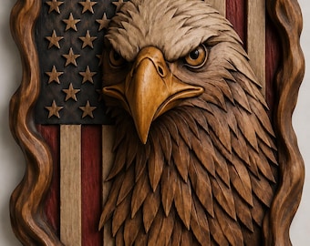 May include: A rectangular wooden wall plaque featuring a carved bald eagle head in the center, set against a background of the American flag with carved stars and stripes. The entire piece is enclosed in a wavy, textured wooden frame.