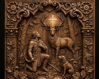 Può includere: Un pannello in rilievo in legno quadrato raffigurante una figura inginocchiata, un cervo con una croce luminosa tra le corna e un cane. Il testo STL Model e PREMIUM CNC RELIEF STL FILE è in alto. La cornice ha dettagli intagliati a foglia.