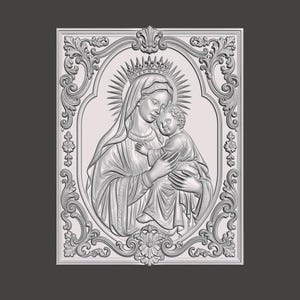May include: A rectangular light gray relief plaque featuring a central oval medallion with a sculpted depiction of a figure holding a child. The figures are surrounded by an ornate, symmetrical border of scrolling acanthus leaves and floral motifs.