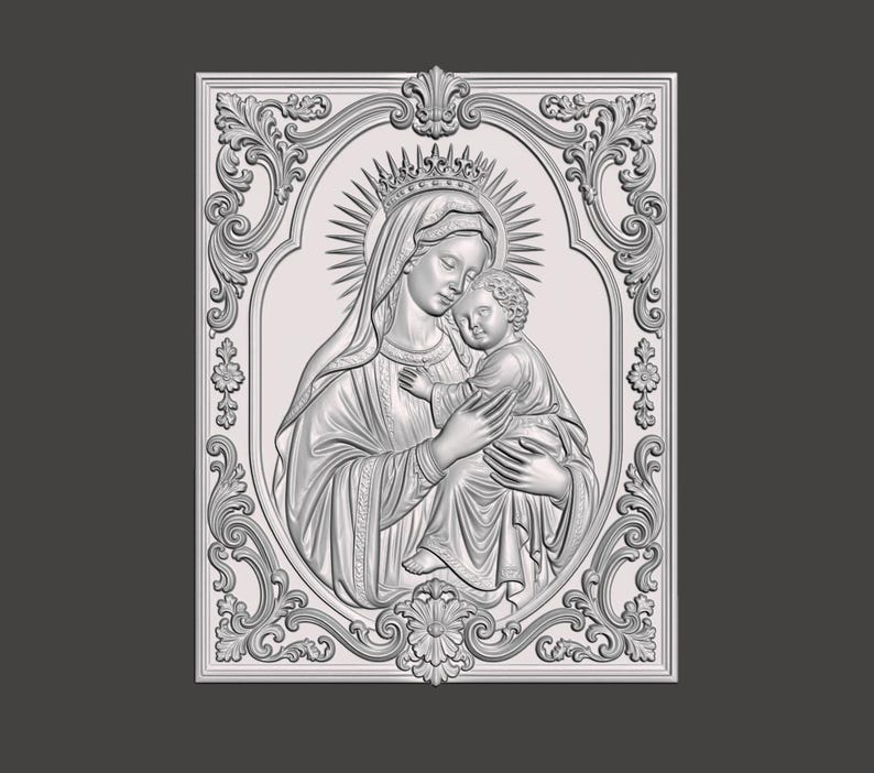 May include: A rectangular light gray relief plaque featuring a central oval medallion with a sculpted depiction of a figure holding a child. The figures are surrounded by an ornate, symmetrical border of scrolling acanthus leaves and floral motifs.