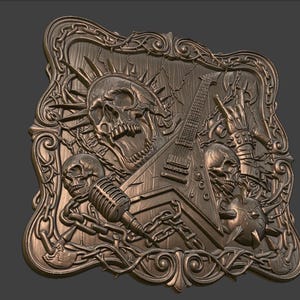 May include: A bronze-colored relief sculpture featuring a skull, electric guitar, microphone, and a hand making a rock and roll gesture. The design includes chains, spikes, and decorative flourishes, creating a heavy metal theme.