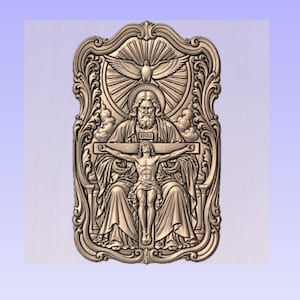 May include: A detailed relief carving depicting a religious scene. The central figure is a bearded man with a dove above him, and a crucified figure below. The carving is framed by ornate scrollwork and set against a light blue background.
