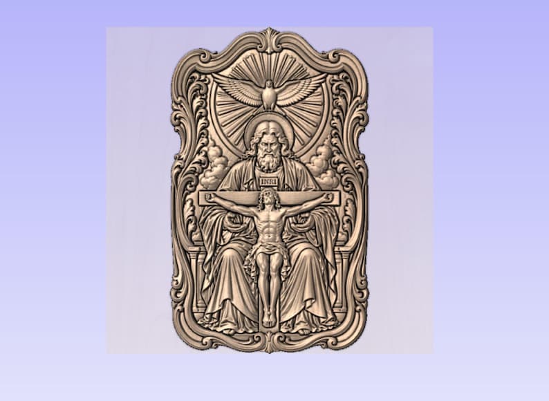 May include: A detailed relief carving depicting a religious scene. The central figure is a bearded man with a dove above him, and a crucified figure below. The carving is framed by ornate scrollwork and set against a light blue background.