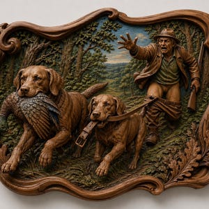 May include: A detailed wooden relief carving depicting a hunting scene. Two brown Labrador Retrievers are shown, one carrying a duck, the other with a belt in its mouth. A man in a hat and jacket is running with his pants down, holding a rifle.