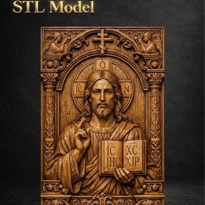 Puede incluir: Una detallada talla de madera de Jesucristo sosteniendo un libro, con el texto "IC XC IHC XIP". La talla está enmarcada con detalles ornamentados, ángeles y una cruz en la parte superior. El texto "STL Model" está en la parte superior.