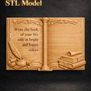 Cornice per libro aperto vintage STL per CNC – Rilievo decorativo per libro con citazioni – Intaglio del legno 3D STL