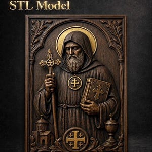 May include: A detailed wooden relief sculpture of a robed figure holding a cross and a book, with a halo. The sculpture is framed and features the text "STL Model" at the top. The color palette is primarily brown and gold.
