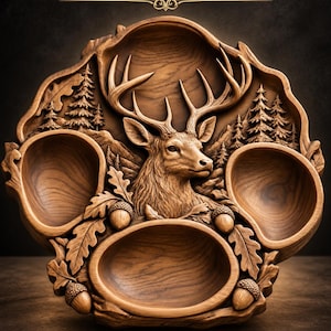May include: A brown wooden decorative tray featuring the text STL Model at the top. The tray has three carved bowls and a central relief sculpture of a deer head surrounded by pine trees, oak leaves, and acorns with a natural wood grain finish.