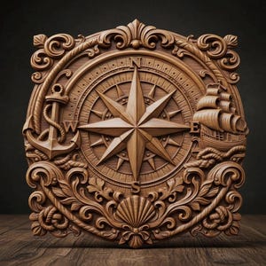 Può includere: Un'intagliatura in legno dettagliata di una rosa dei venti nautica, un'ancora e una nave a vela. La rosa dei venti è al centro, con un disegno a stella. L'intaglio è incorniciato da volute ornate e una conchiglia. Il legno ha un tono caldo e naturale.