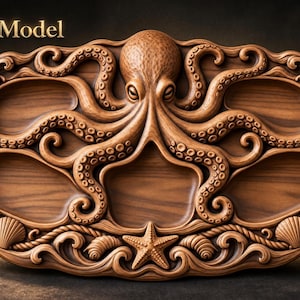 May include: An oval wooden serving tray featuring a carved octopus in the center with tentacles extending into four distinct compartments. The border is decorated with carved seashells and a starfish at the bottom. Text reads STL Model.