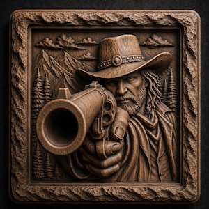 May include: A detailed, brown wooden relief sculpture of a cowboy aiming a pistol, set against a backdrop of mountains and pine trees. The sculpture is framed and features the text "STL Model" in gold.