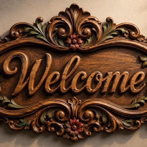 Pode incluir: Uma placa de boas-vindas de madeira com entalhes ornamentados e detalhes florais. A palavra "Welcome" está escrita em letras em relevo. A moldura é intrincadamente esculpida com folhas e flores em tons de castanho, verde, vermelho e amarelo.