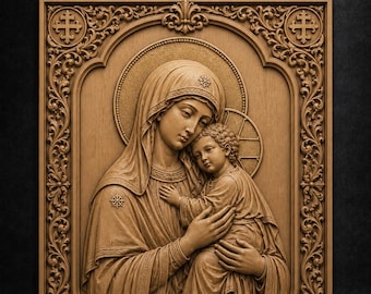 May include: A rectangular wooden relief carving featuring a detailed depiction of a mother holding a child. The panel includes the text STL Model at the top and is framed by an ornate border with floral motifs and cross symbols in the corners.