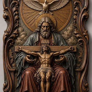 May include: A detailed wooden carving depicting a religious scene. The central figure is a man on a cross, held by a seated figure. Above, a dove with outstretched wings is featured. The carving is framed with ornate, swirling details.