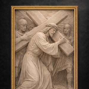 Op de afbeelding: Een digitaal STL-modelbestand met een reliëf van Jezus die een houten kruis draagt, geflankeerd door twee Romeinse soldaten in harnas. Het rechthoekige kader bevat de tekst 'STL Model' bovenaan en 'II - JESUS TAKES UP HIS CROSS' onderaan.