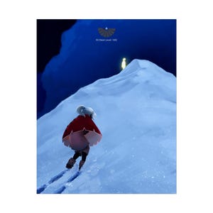 May include: An illustration of a figure in a red cape climbing a snowy mountain at night. The text "99 (Next Level: 100)" is at the top, with a glowing figure at the summit.