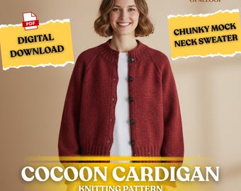 Cardigan Knitting Pattern PDF | Chunky Mock Neck Sweater | Oversized Knit Cardigan Pattern | English German French Languages