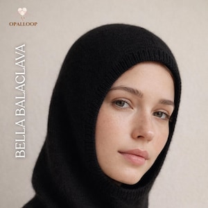 May include: A black knitted balaclava, with the text "BELLA BALACLAVA" vertically on the left side. The balaclava covers the head and neck, leaving the face exposed. The OpalLoop logo is in the top left corner.