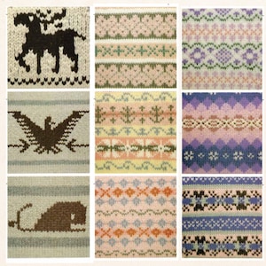 May include: A collection of nine knitted fabric swatches. Each swatch features a unique pattern, including geometric shapes, animal silhouettes, and floral designs. The color palette includes shades of beige, brown, pink, green, blue, and purple.