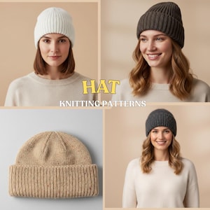 Puede incluir: Cuatro gorros de punto en varios colores: blanco, marrón oscuro, beige y gris. Los gorros se muestran en modelos. El texto "HAT KNITTING PATTERNS" está en el centro de la imagen.