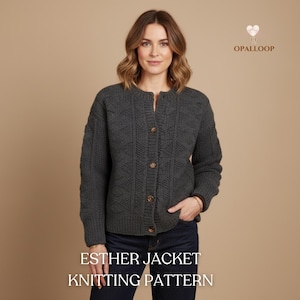 Esther jacka stickmönster PDF, Esther tröja mönster, grovstickad kofta mönster, stickad jacka mönster för kvinnor, stickad tröja mönster