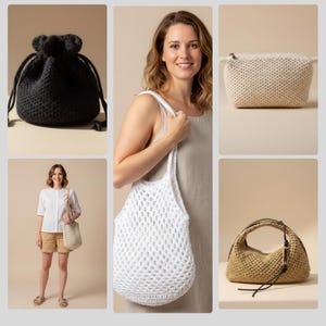 May include: A collection of handmade crochet bags in various styles and colors. Includes a black drawstring pouch, a white open-weave tote bag, a beige zippered pouch, and a tan shoulder bag with a leather handle.