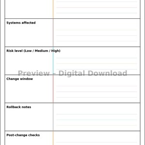 May include: A digital Change & Maintenance Tracker template with sections for change description, systems affected, risk level, change window, rollback notes, and post-change checks. The words "Preview - Digital Download" are also visible.