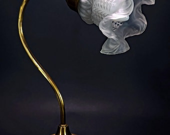 Vintage matglazen tulp tafellamp – art-nouveaustijl messing zwanenhalslamp – werkend