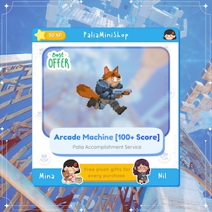 Puede incluir: Gráfico de arte digital de PaliaMiniShop con un personaje de zorro pixelado con armadura sosteniendo un arma. La imagen está etiquetada como "Arcade Machine [100+ Score]" con el texto "Best Offer" y "Free plush gifts for every purchase".
