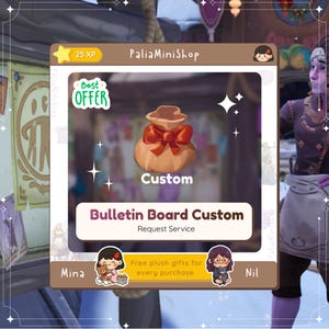 May include: A digital advertisement for a custom bulletin board service. The image features a brown bag with a red bow, the word "Custom", and the text "Bulletin Board Custom". The ad includes the text "Best Offer" and "Request Service".