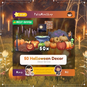 Può includere: Annuncio di decorazioni di Halloween con zucche, un calderone e candele. Il testo recita "50 Halloween Decor" e "Best Offer". L'immagine ha uno stile cartone animato con una tavolozza di colori caldi.