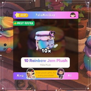 May include: A digital graphic featuring 10 Rainbow Jam Plush toys. The plush is a small, round, blue character with a rainbow-colored lid, a purple rope tie, and stitched details. The text reads PaliaMiniShop, 10x, 10 Rainbow Jam Plush, and Palia Plush.