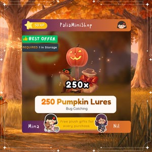 Könnte beinhalten: Ein Bild mit einem orangefarbenen Kürbis-Köder mit geschnitztem Gesicht, einem Frosch und einem Beutel mit Gegenständen. Der Text lautet "250 Pumpkin Lures" und "Bug Catching". Der Hintergrund ist eine verschwommene Herbstszene.