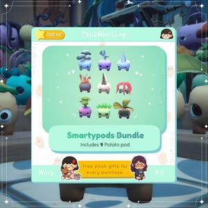 以下が含まれることがあります： 9つのSmartypodsのバンドル。それぞれが異なる植物のような特徴を持つ、ユニークなジャガイモ型のキャラクターです。画像には、「Smartypods Bundle」と「Includes 9 Potato pod」というテキストが記載された、明るい緑色の背景が使用されています。