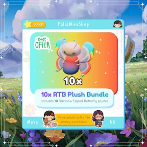 Könnte beinhalten: Werbebild für PaliaMiniShop mit einem Plüschtier-Bundle. Das Bild zeigt ein Cartoon-Schmetterlingsplüschtier mit Regenbogenflügeln und einem Farbverlaufskörper. Der Text lautet "10x RTB Plush Bundle" und "Best Offer". Der Hintergrund ist ein farbenfroher Farbverlauf.