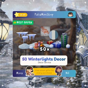 May include: An advertisement for "50 Winterlights Decor" service. The image features a winter scene with decorative elements, including snow-covered structures, gift boxes, and snowballs. The text includes "Best Offer" and "Free plush gifts for every purchase."