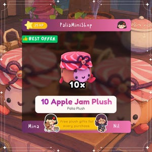 May include: A digital graphic featuring 10 Apple Jam Plush items. The plush is a round, light pink character with a smiling face, topped with a pink and white striped lid, a dark purple rope bow, and a small heart-shaped accent. Text includes 10x and 10 Apple Jam Plush.