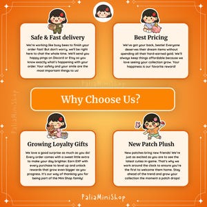 Puede incluir: Un gr&aacute;fico naranja con el texto "Why Choose Us?" y cuatro cuadros blancos con texto e ilustraciones de dibujos animados. Los cuadros resaltan la entrega segura, los mejores precios, los regalos de fidelidad y los nuevos peluches de parche.